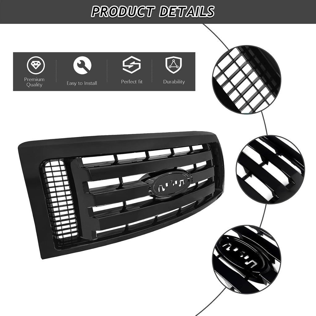 Bewild Front Bumper Grille Assembly Compatible with 2009-2014 Ford F-150 F150 XLT, Housing and Insert Grille Assembly Guards Replacement 9L3Z8200D FO1200511 (Black)