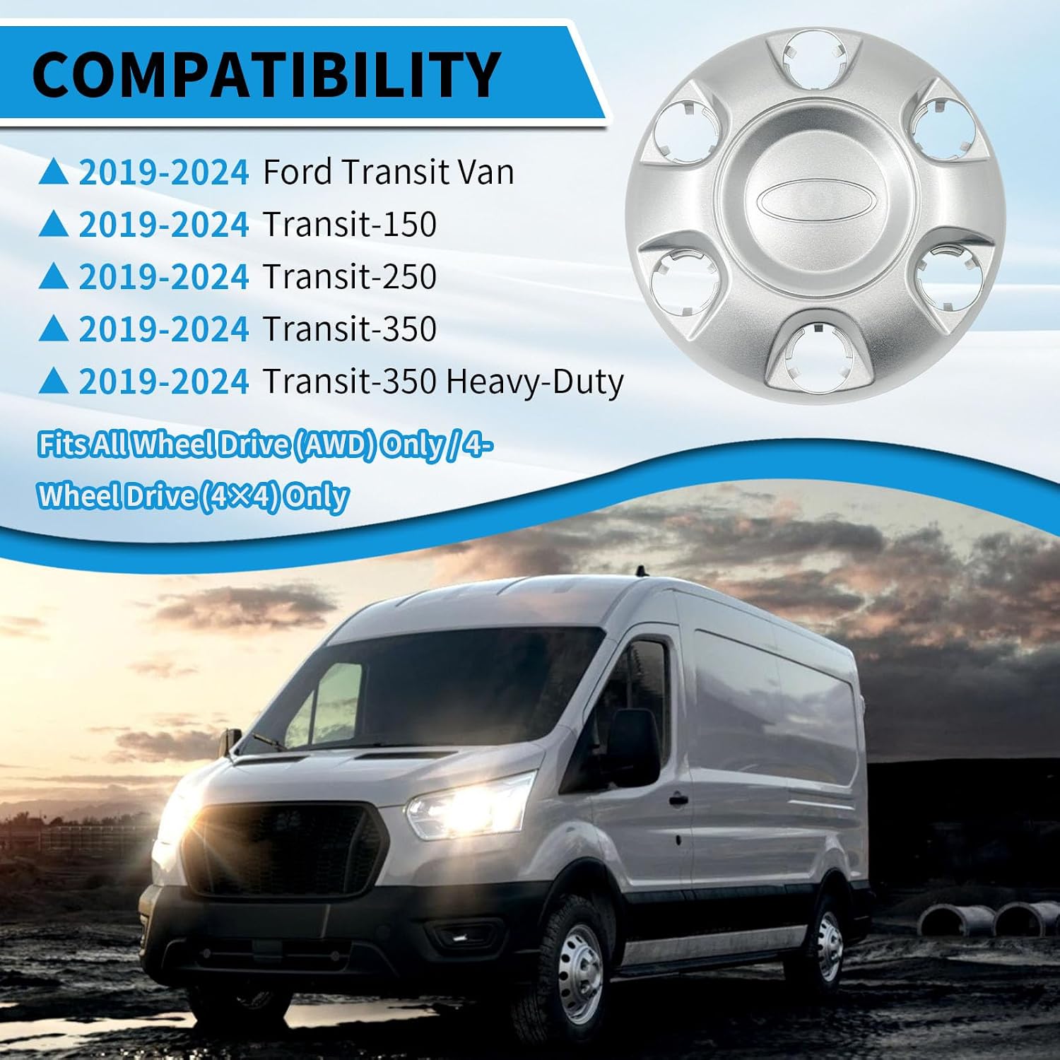 2Pcs Silver Hubcaps Fit for 2019-2026 Ford Transit 150 250 350 350HD 16" Wheel Center Cap Cover SRW & DRW Front Wheels Only (Not Rear Dual Wheels) Replaces KK4Z-1130-C KK4Z-1130-F (Silver)