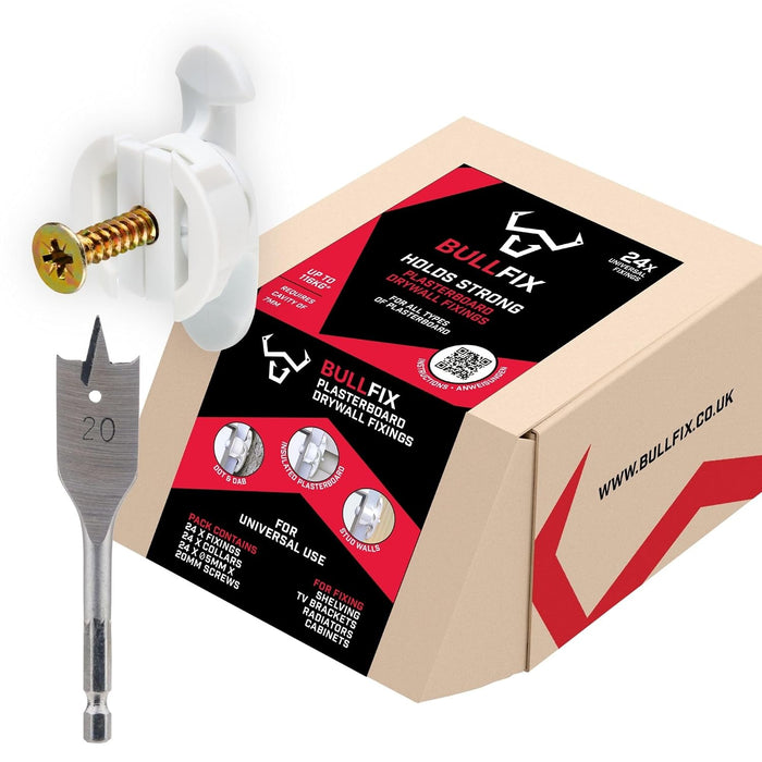 Bullfix Universal Drywall Fixings - Holds up to 255lbs, Heavy Duty Wall Anchors for Drywall for Stud & Hollow Cavity with 13/16" Drill Bit & Screws, Heavy Duty Dry Wall Anchors - 24 Pack