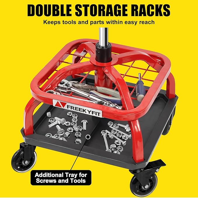 Rolling Shop Stool with Wheels, Garage Work Mechanic Stool with Backrest - Image 2