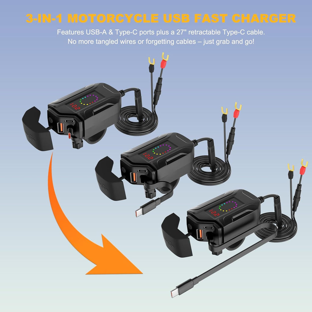 Motorcycle USB Charger, Retractable Type-C & Dual USB Fast Charging, Independent Switch, 3-in-1 SAE to USB Adapter with 1.5m Extension, LED Voltmeter, Waterproof for Dirt Bike, ATV, UTV