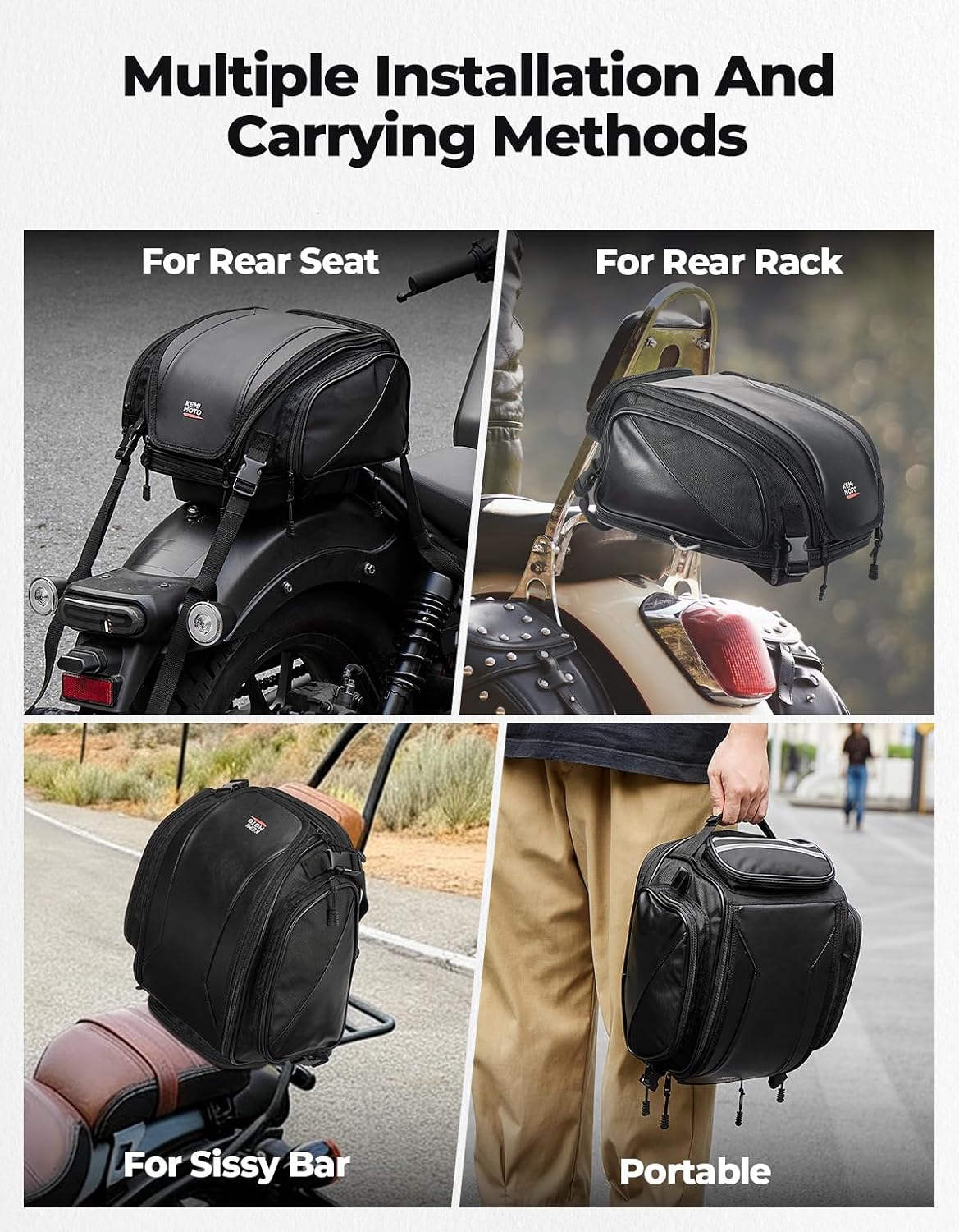 KEMIMOTO Motorcycle Tail Bag 18-22L Expandable Sissy bar Motorcycle Luggage Seat Travel Rear Rack Bag Waterproof for Daul Sport Sportster Softail Dyna Touring Shadow Vulcan