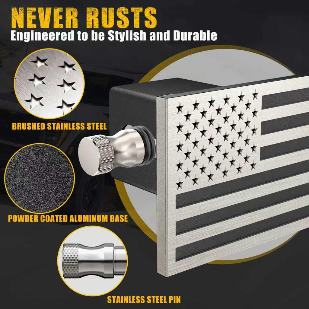 Synrroe 2" Heavy Duty Stainless Steel Flag Hitch Cover, Car Wash Safe | Brushed Stainless Steel Flag, Aluminum Base, Mechanically Fastened, Won't Rust or Peel, 5/8" Stainless Pin