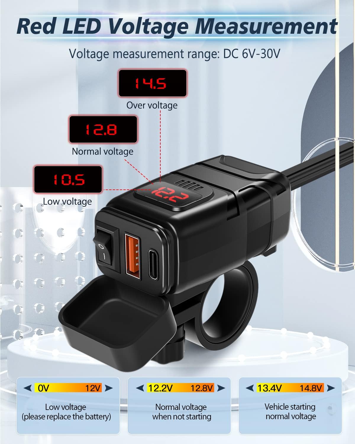 EXTRACTME Motorcycle Phone Charger, 6.4A Dual USB Type C PD & Quick Charge 3.0 Motorcycle USB Charger with Voltmeter & ON/Off Switch, Waterproof Motorcycle Accessories for Phone, Tablet, GPS, etc