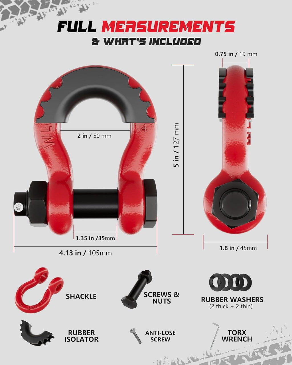Shackles 3/4" D Ring Shackle (2 Pack) 45,000lb Break Strength with 7/8" Pin, Anti Theft Security Screws, Isolator & Washer Kits for Use with Tow Strap Winch Truck Vehicle Recovery, Red