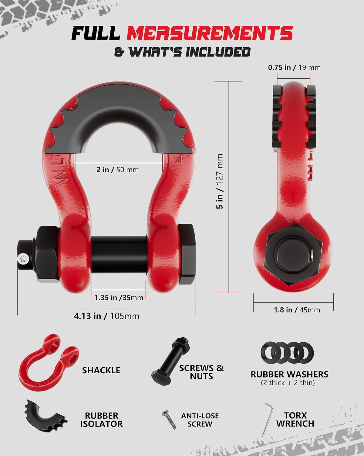 Shackles 3/4" D Ring Shackle (2 Pack) 45,000lb Break Strength with 7/8" Pin, Anti Theft Security Screws, Isolator & Washer Kits for Use with Tow Strap Winch Truck Vehicle Recovery, Red