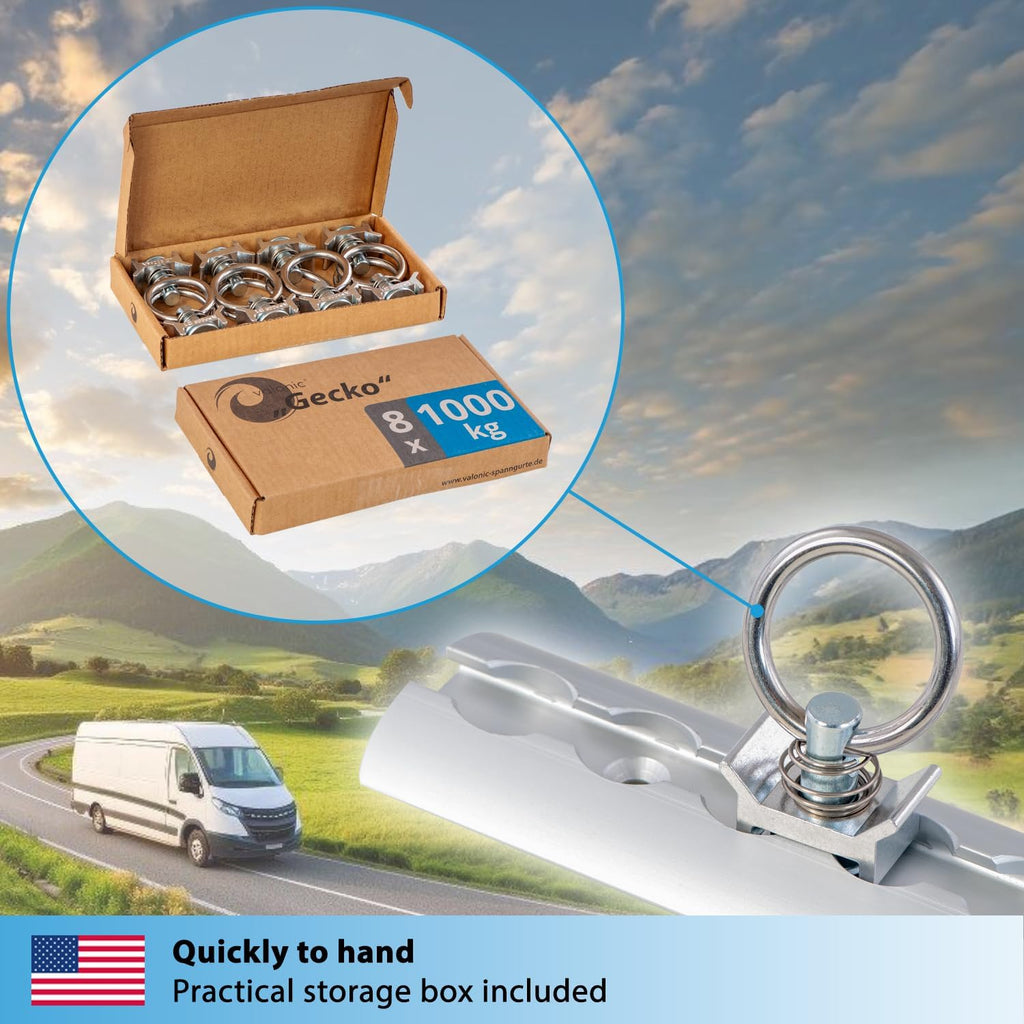 valonic Gecko - Single Stud Fitting for L Track, 8 Pieces, 1000 daN, Stainless Steel roundring, for Rail System, Lashing Accessories for tie tie Downs for Truck Bed