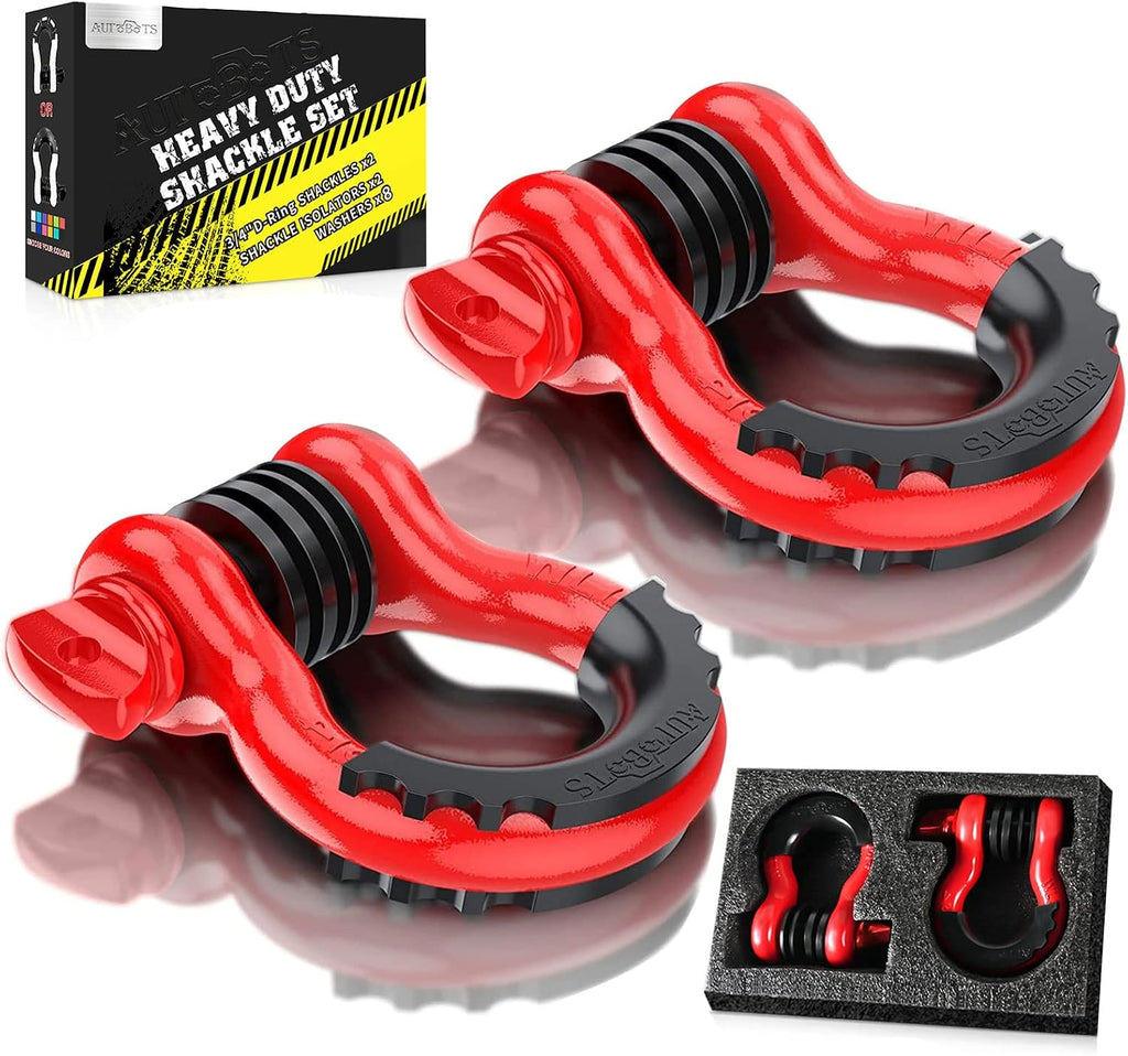 AUTOBOTS Bow Shackles 3/4" D Ring Shackle (2 Pack), 48,000Ib Break Strength with 7/8" Pin, 2 Isolator and 4 Washers Kit for Offroad Vehicle Truck Recovery Red