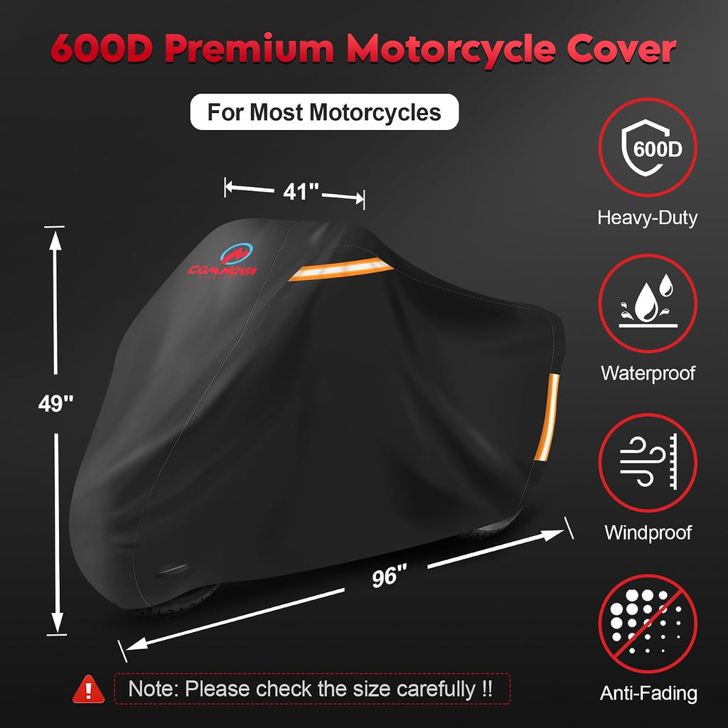 Comnova Motorcycle Cover 96 Inch - 600D Outdoor Motorbike Cover Waterproof with Lock Hole, Universal Fit for Harley, Honda, Kawasaki, Full Protection, Moped Covers for Motorcycle Vehicle Up to 96"