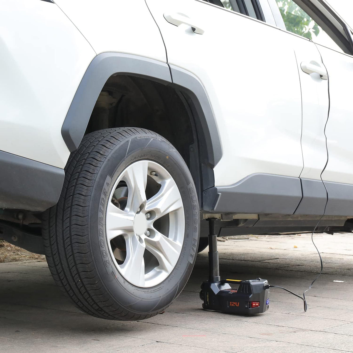 trihelper electric car jack 5 ton 12v floor showing dimensions
