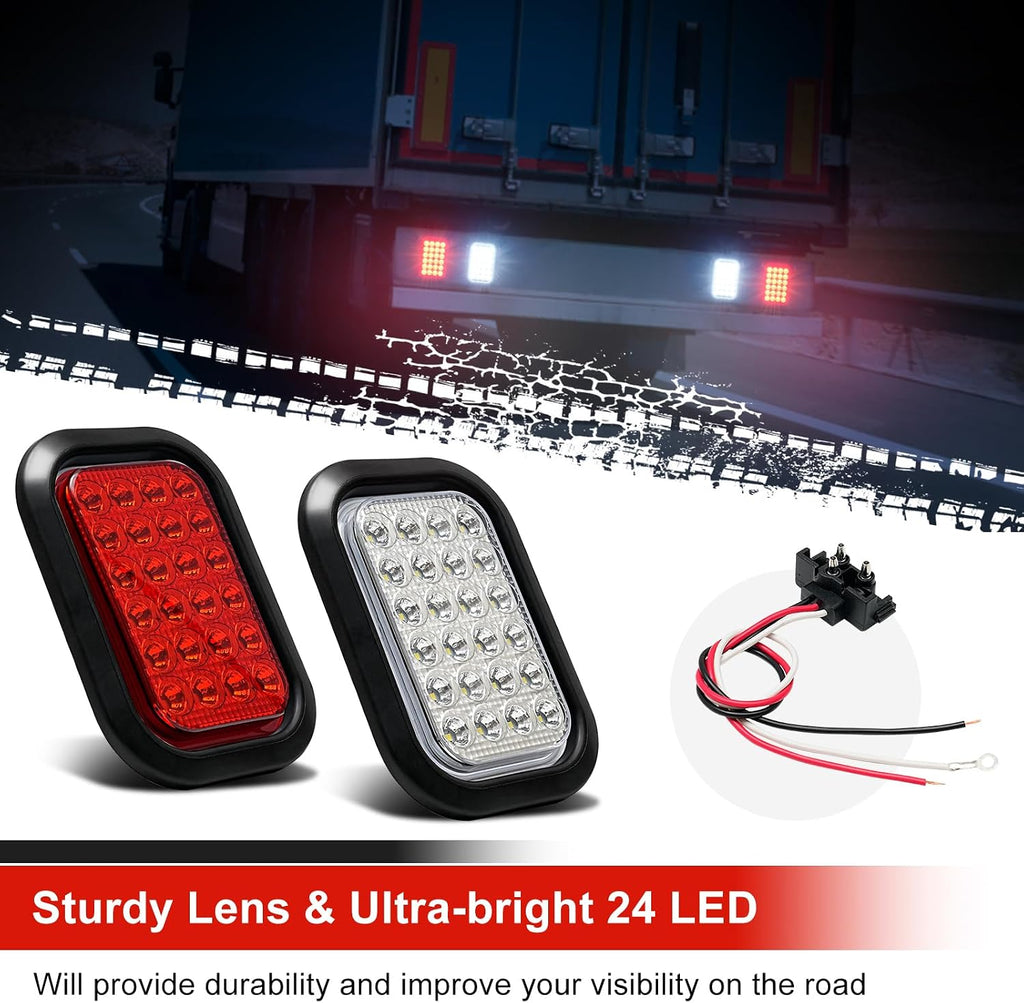 6PCS 5x3 Inch 24 LED 4 Red Stop/Turn/Tail/Lights 2 White Backup Reverse Lights Rectangle Truck Trailer Tail Lights w/Grommets & 3 Wire Pigtail Plug