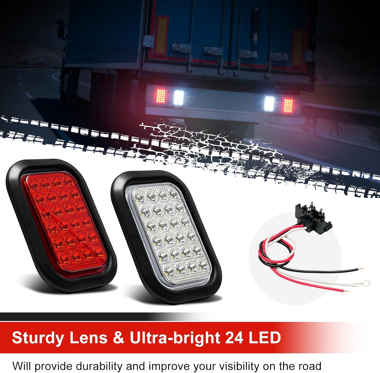 6PCS 5x3 Inch 24 LED 4 Red Stop/Turn/Tail/Lights 2 White Backup Reverse Lights Rectangle Truck Trailer Tail Lights w/Grommets & 3 Wire Pigtail Plug