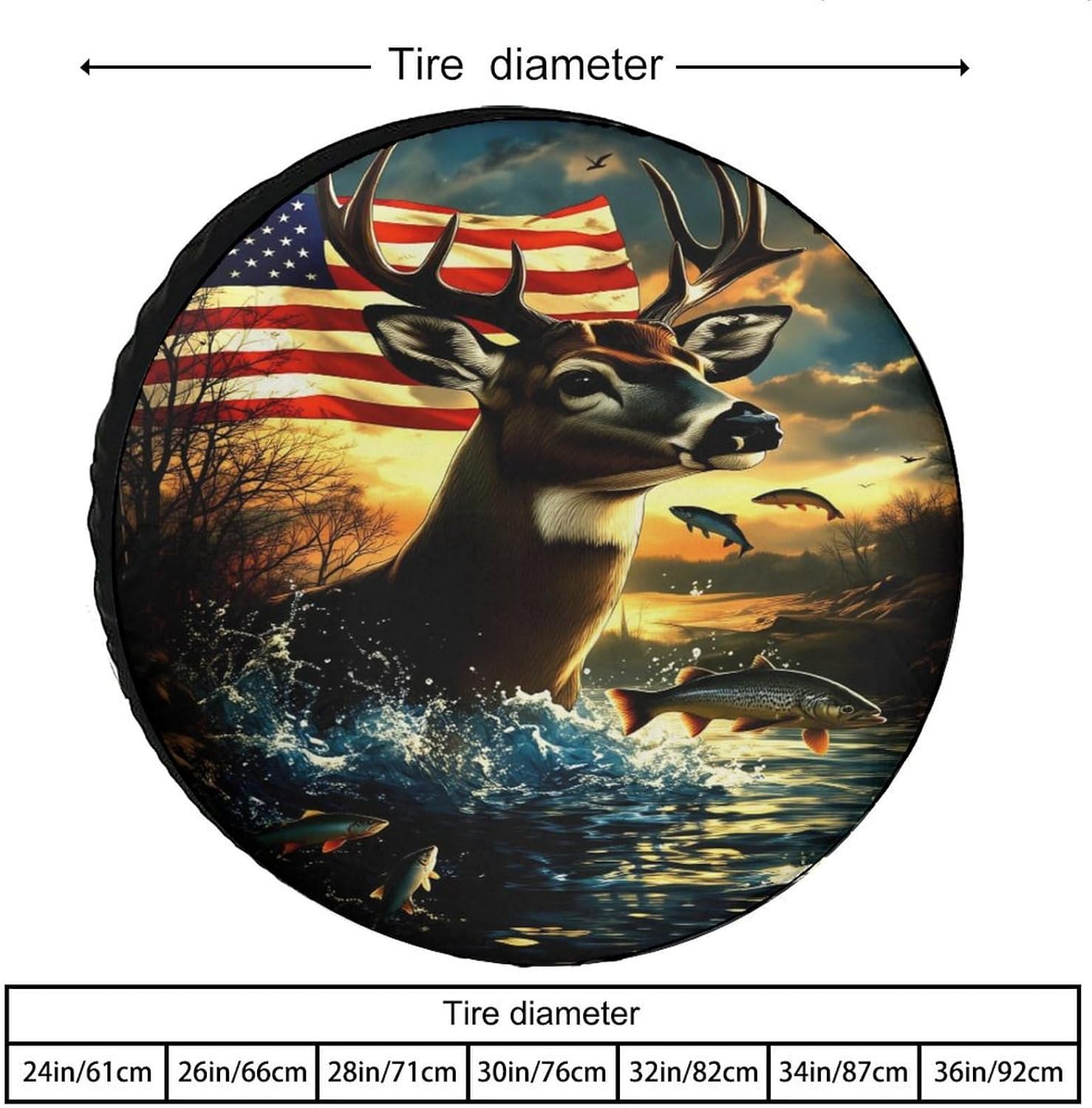 Deer American Flag Fishing Wildlife Oxford Spare Tire Cover for Jeep Trailer RV SUV Truck Wheel,Fit Overall Wheel Diameter 28inch