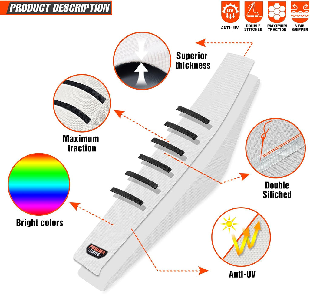 Motorcycle Universal Seat Cover Non-Slip Rubber Striped Gripper Soft Sewing for CRF WR WRF RMZ YZF SXF EXC EXC XC SX CR KLX Dirt Pit Bike Motocross Off Road (White)
