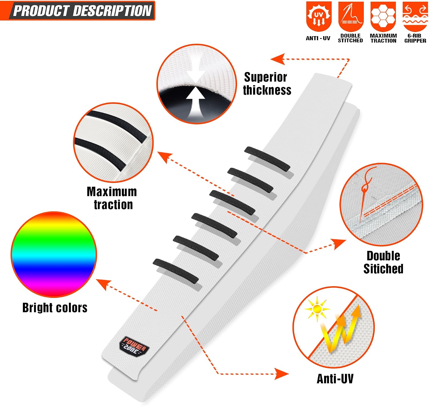Motorcycle Universal Seat Cover Non-Slip Rubber Striped Gripper Soft Sewing for CRF WR WRF RMZ YZF SXF EXC EXC XC SX CR KLX Dirt Pit Bike Motocross Off Road (White)