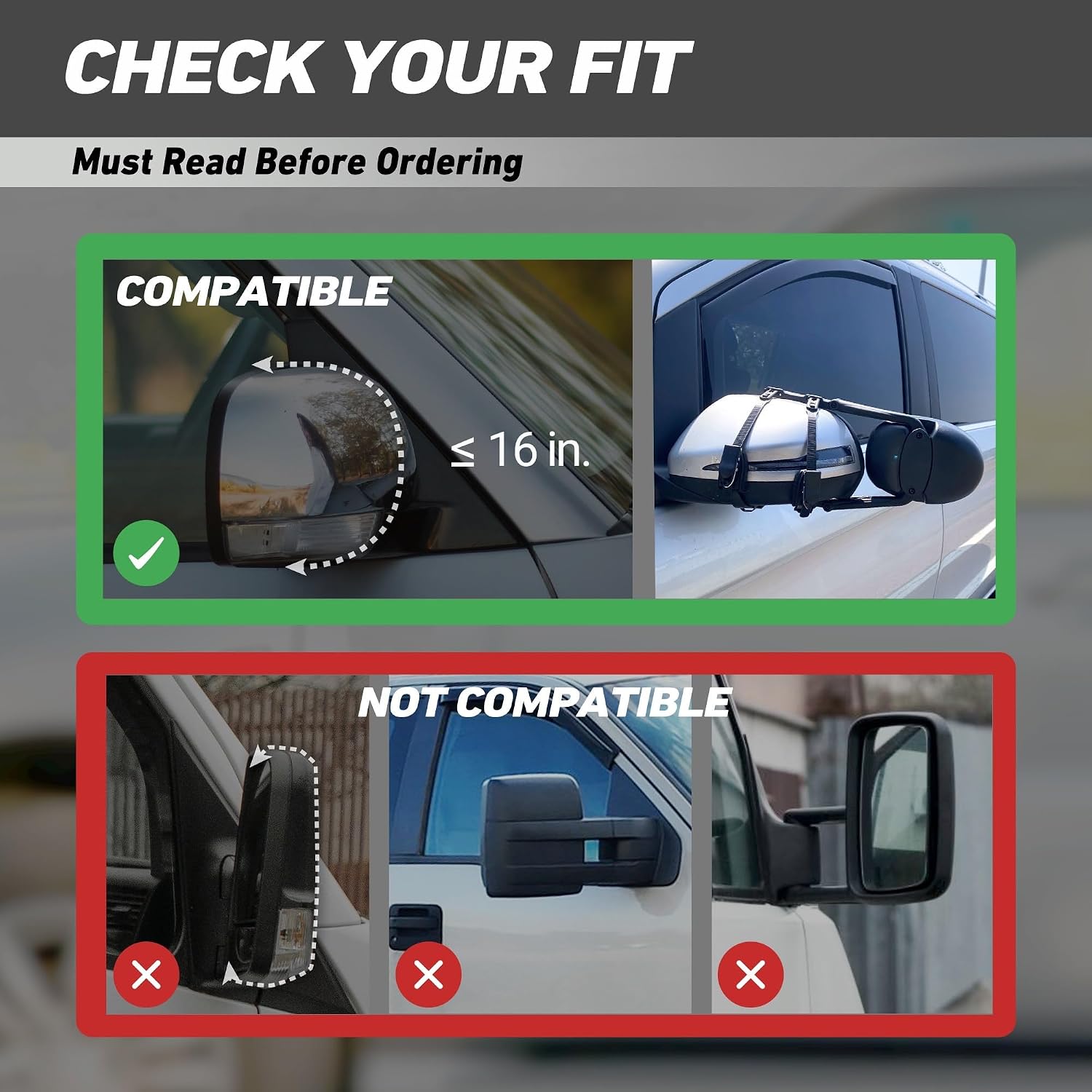 MG91 Dual-Arm Towing Mirrors for Trucks, SUVs, RVs & Trailers | Dual-arm support with extra securing straps and a rubber strap helps reduce vibration on highways and rough roads. Black.