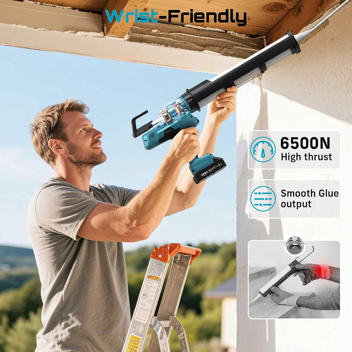 seesii 29oz electric caulking gun, cordless caulk gun showing dimensions