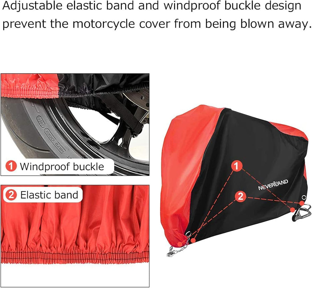 NEVERLAND Motorcycle Cover Waterproof Outdoor - All Season Scooter Covers Heavy Duty with 2 Lock-Holes, Bandage & Storage Bag Fits Most Motorcycles, Scooters, Dirt Bikes, Sportbikes (Up to 104”)
