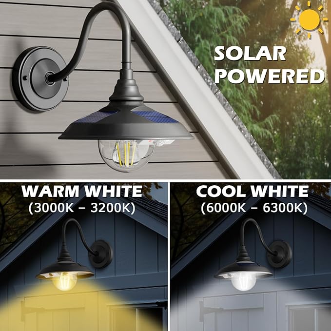 SIEDiNLAR Solar Barn Light Outdoor 3 Modes 2 Lighting, Aluminum Gooseneck Wall - Image 2