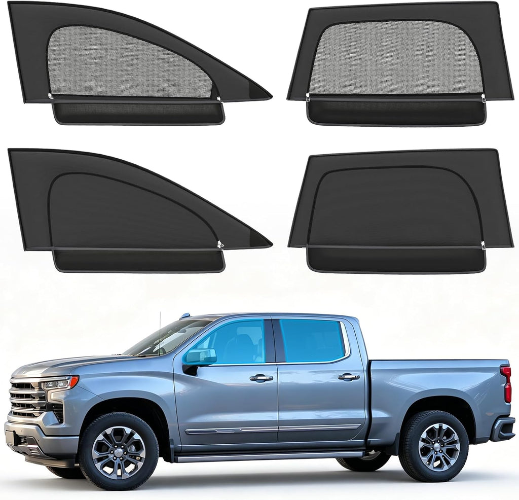 Side Window Screen Shades Compatible with Chevy Silverado 2020-2026, 2-in-1 Car Window Mosquito Net & Sun Shades Cover, Breathable Mesh Shade Bug Mosquito Privacy Protector for Camping