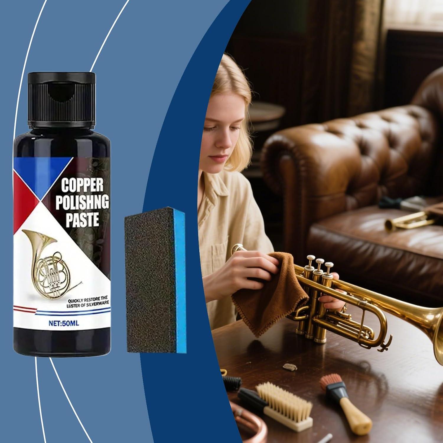 Brass Cleaner - 50ml Tarnish Remover and Polisher with Sponge for Bronze, Aluminum, Chrome, and Silverware, Fast-Acting Formula with Easy Application, Metal Cleaner for Watches, Stoves