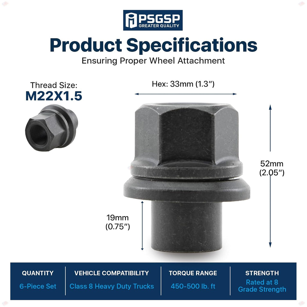 Two-Piece 19mm Sleeve Flanged Wheel Nuts 6PCS, M22x1.5 Hex:33mm Black for Heavy Duty Truck Semi Truck Fit Steel Dual Wheels with Hub Piloted Seat & 26mm Bolt Hole Size