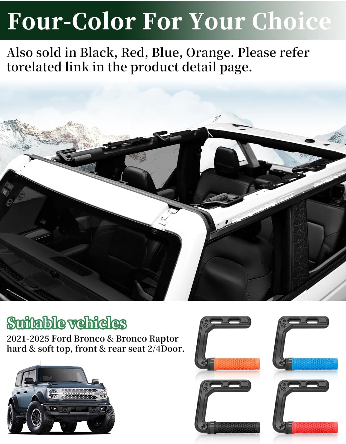 JROAD Bronco Aluminum Grab Handles Roll Bar Non-Slip Grip HandlesCompatible with Ford Bronco 2021-2025 Front Or Rear Seat 4 Door Soft/Hard Top,Bronco Raptor Interior Accessories （2PCS/Black）