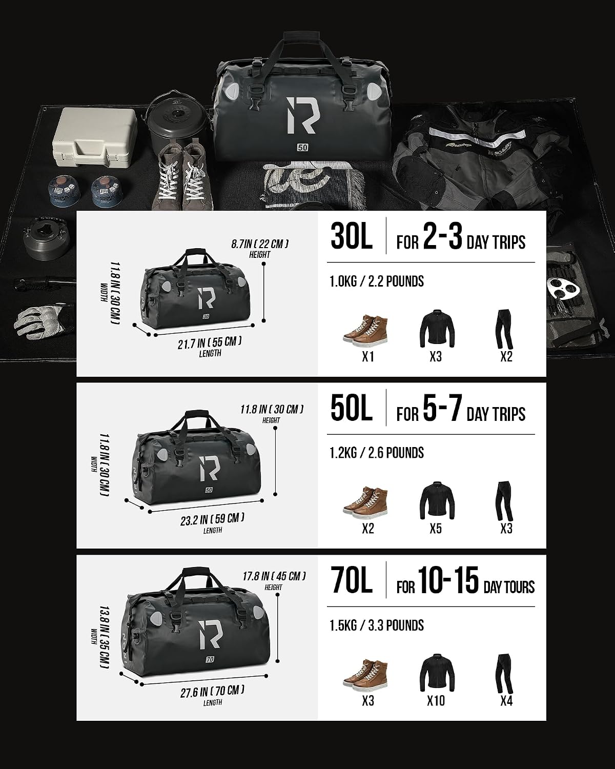 IRON JIA'S Motorcycle Dry Bag - Waterproof Duffle & Luggage Tail Bag Saddle Bags with Roll Top Closure, Shoulder Straps, Inner Pocket and Mesh Pocket (Black, 30L)