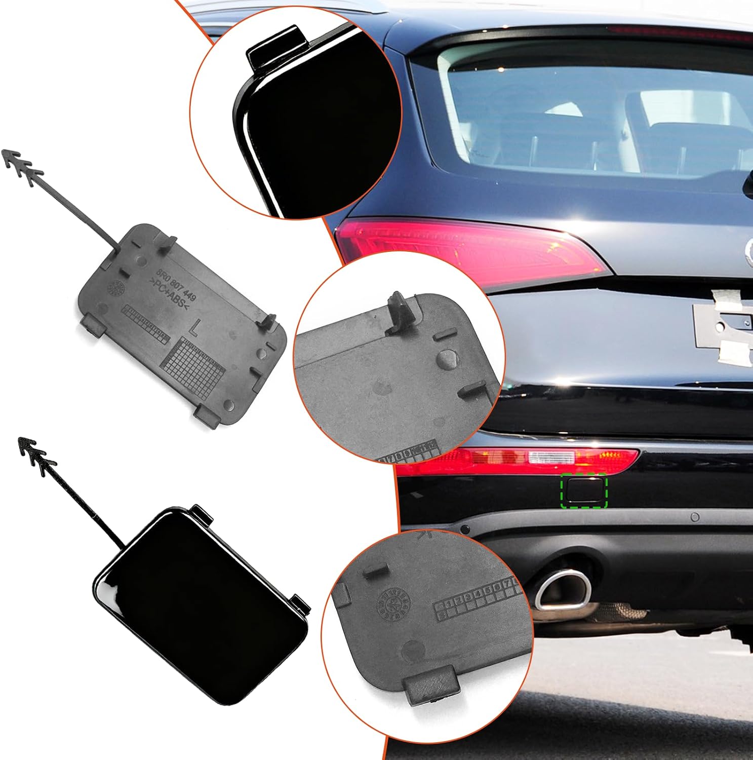 Yumzeco 1PC Compatible with Audi Q5 Rear Tow Hook Cover 2008 2009 2010 2011 2012 2013 2014 2015 2016 2017, Driver Side Audi Q5 Rear Bumper Trailer Cover Replace for 8R0807449/8R0807450 - Left, Black