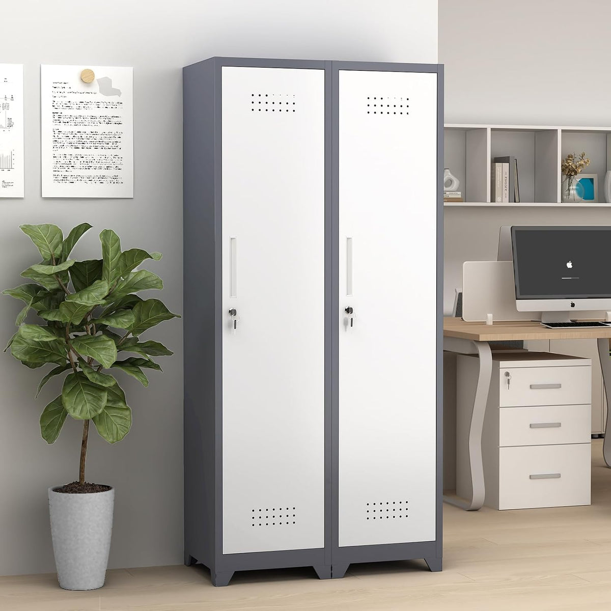 GREATMEET Slim Lockable Garage Storage Cabinet, Narrow Broom Storage Closet