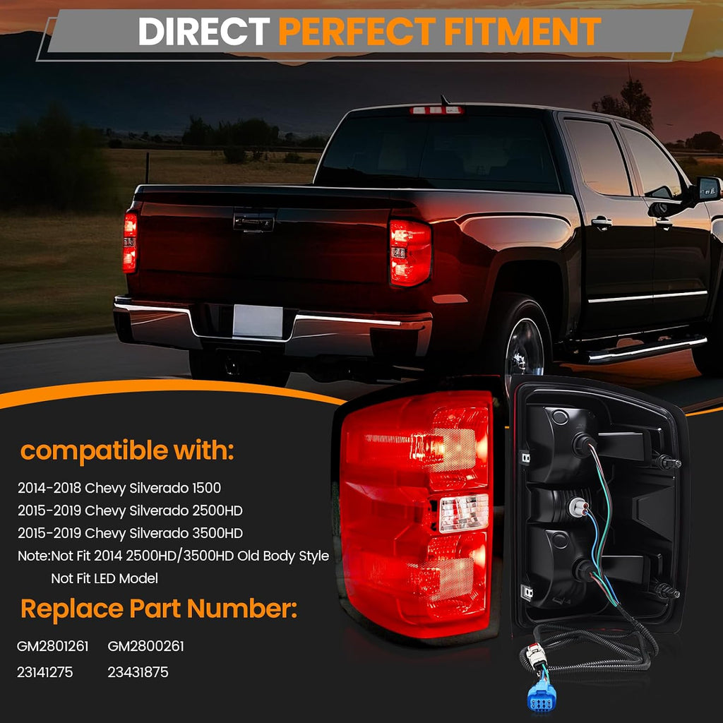 Tail Lights Assembly Compatible with 2014-2019 Chevy Silverado 1500 2500HD 3500HD Rear Brake Taillight Left & Right Side with Bulbs and Harness, Replace GM2801261 23141275 GM2800261 23431875