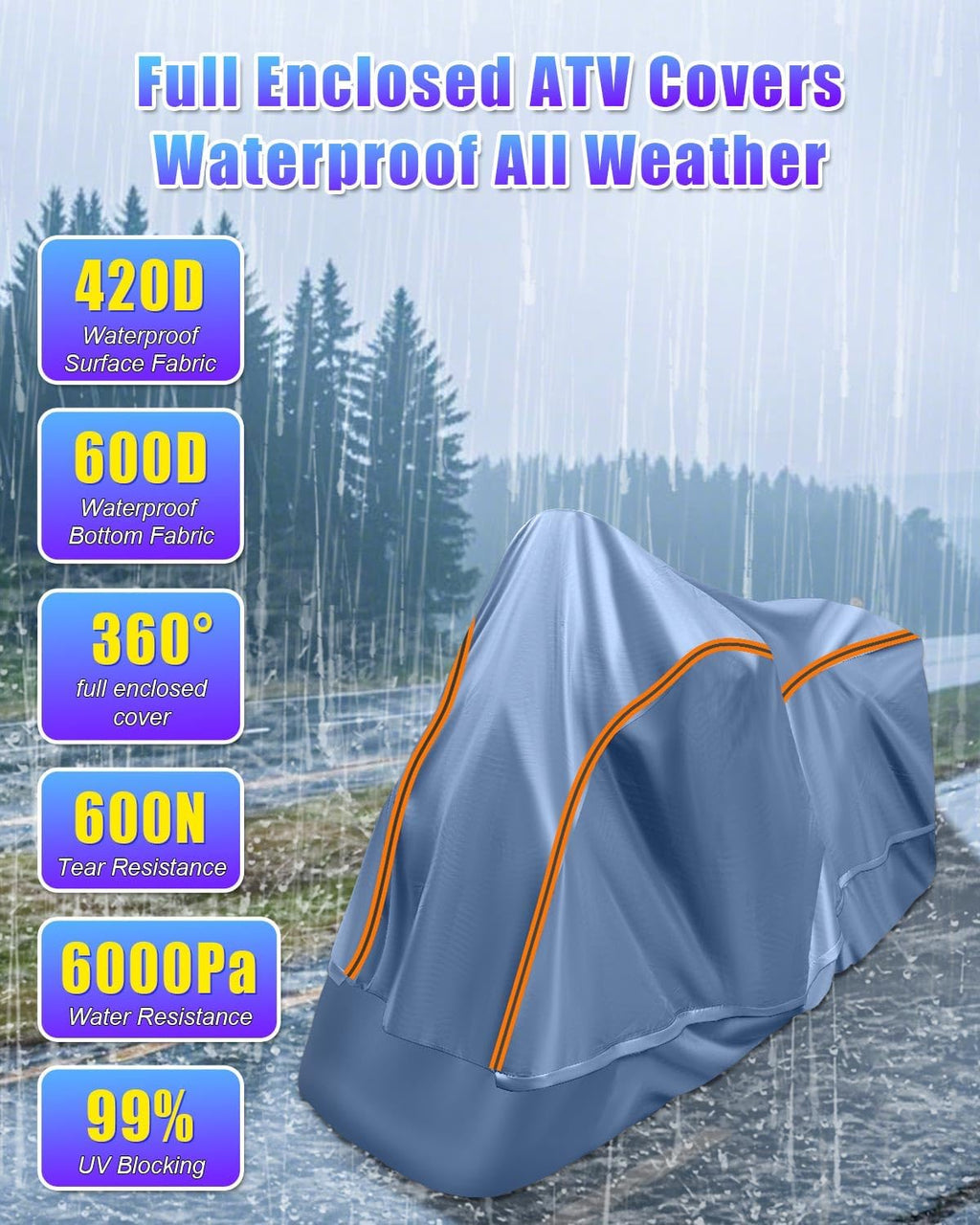Full Enclosed ATV Cover Waterproof Outdoor Heavy Duty 4 Wheeler Cover All Season Weather Proof Quad Cover with Reflective Strips Fits ATV Length up to 84" Windproof Sunproof Dustproof