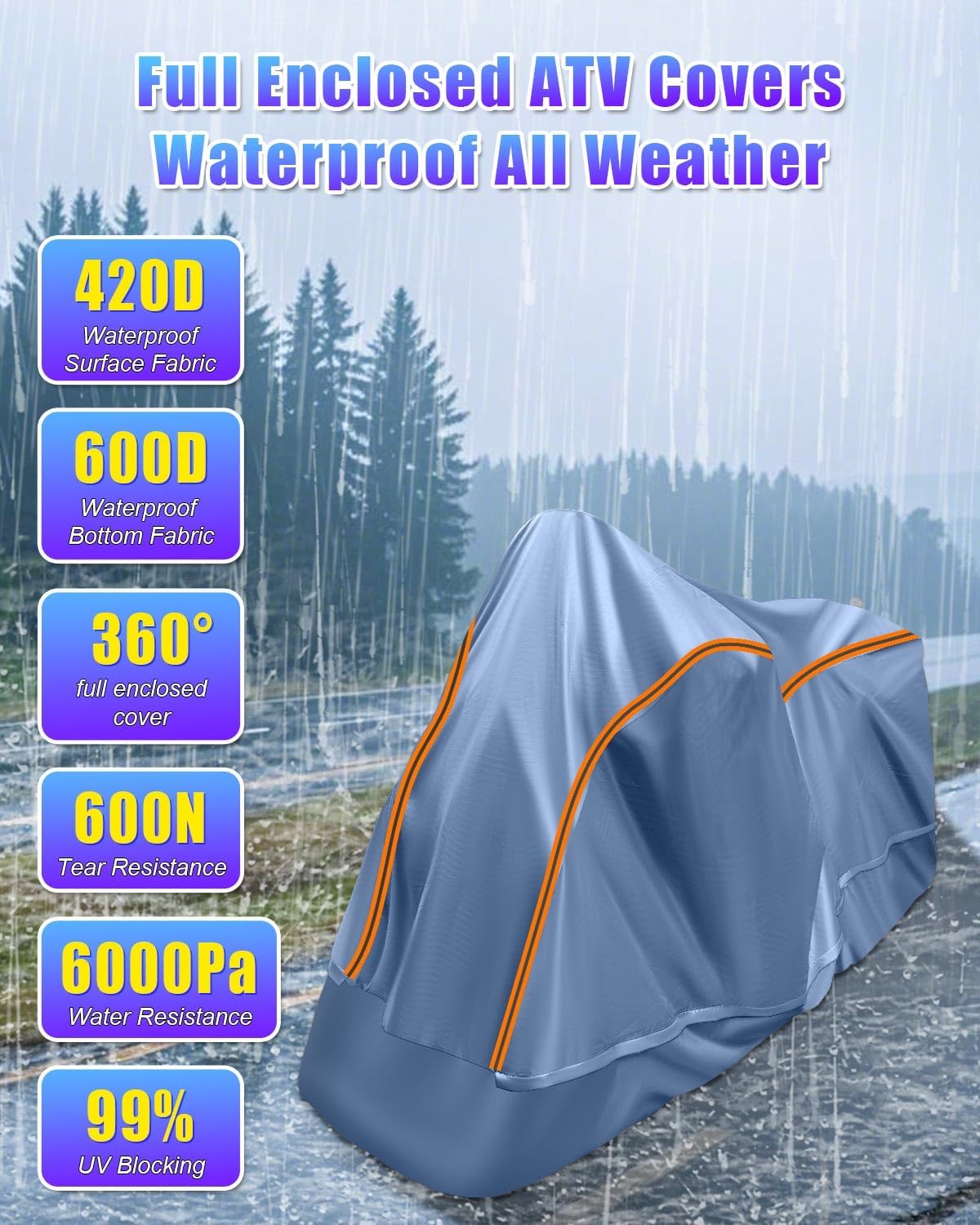 Full Enclosed ATV Cover Waterproof Outdoor Heavy Duty 4 Wheeler Cover All Season Weather Proof Quad Cover with Reflective Strips Fits ATV Length up to 84" Windproof Sunproof Dustproof