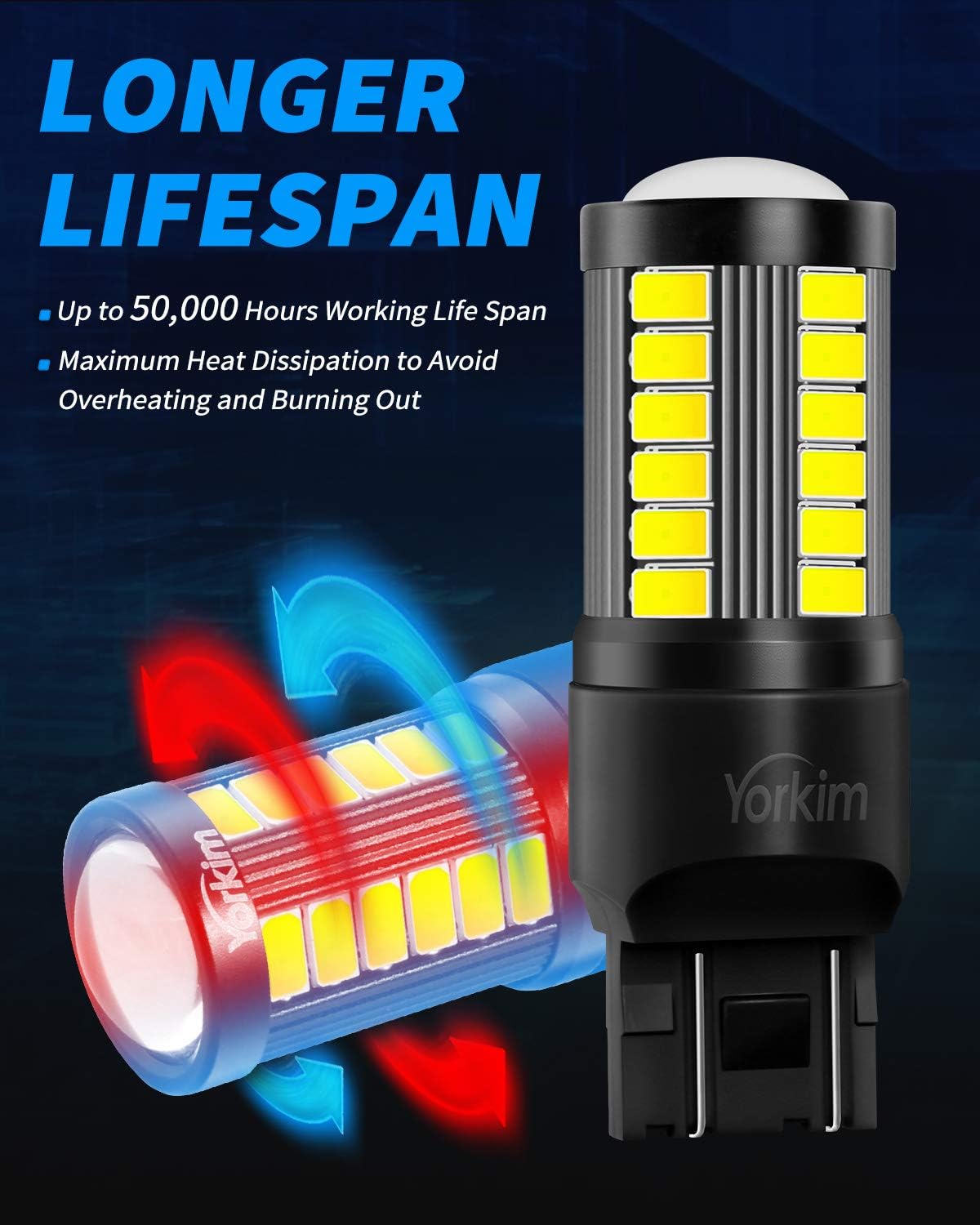 Yorkim 7440 7443 LED Bulb White 6000K Reverse Lights, 7444na 7441 7444 T20 W21W LED Light Bulb for Exterior Turn Signal Backup Tail DRL Brake Parking Lights, Easy Install, 2 Pack