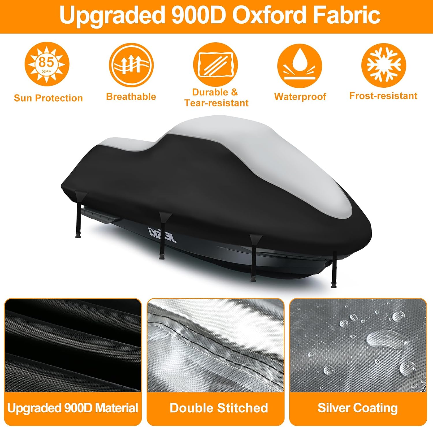 Waterproof Jet Ski Covers,Upgraded 420D Heavy Duty Motorboat Cover,2 Air Vent Marine Grade UV Resistant for Waverunner Polaris from 126" to 135"(Silver Black)
