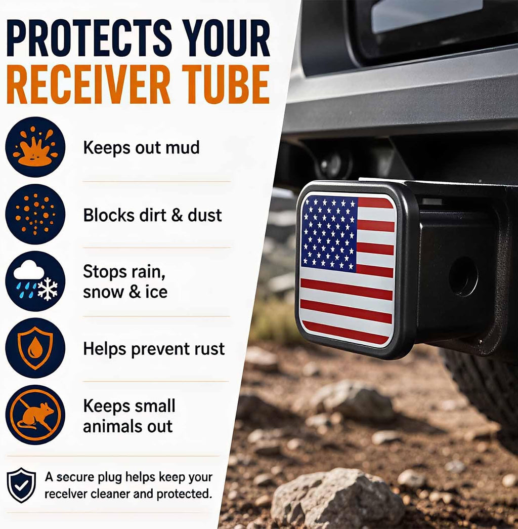 Trailer Hitch Covers American Flag Red, Heavy Duty 2 Inch Hitch Cover for Weather Protection, Rubber and Metal Hitch Receiver Cover Plug Cap for Trucks SUVs and Off-Road Vehicles