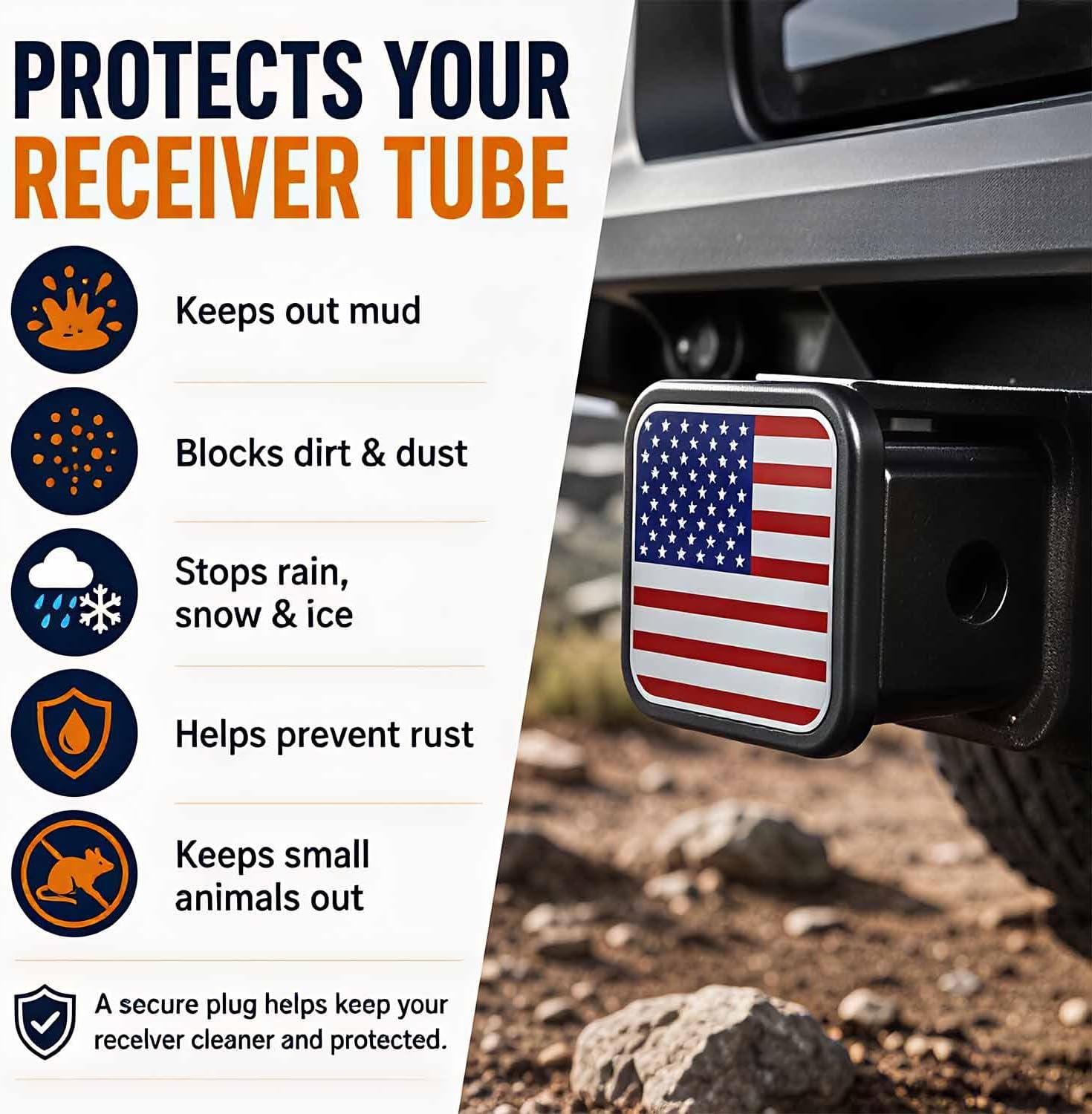 Trailer Hitch Covers American Flag Red, Heavy Duty 2 Inch Hitch Cover for Weather Protection, Rubber and Metal Hitch Receiver Cover Plug Cap for Trucks SUVs and Off-Road Vehicles