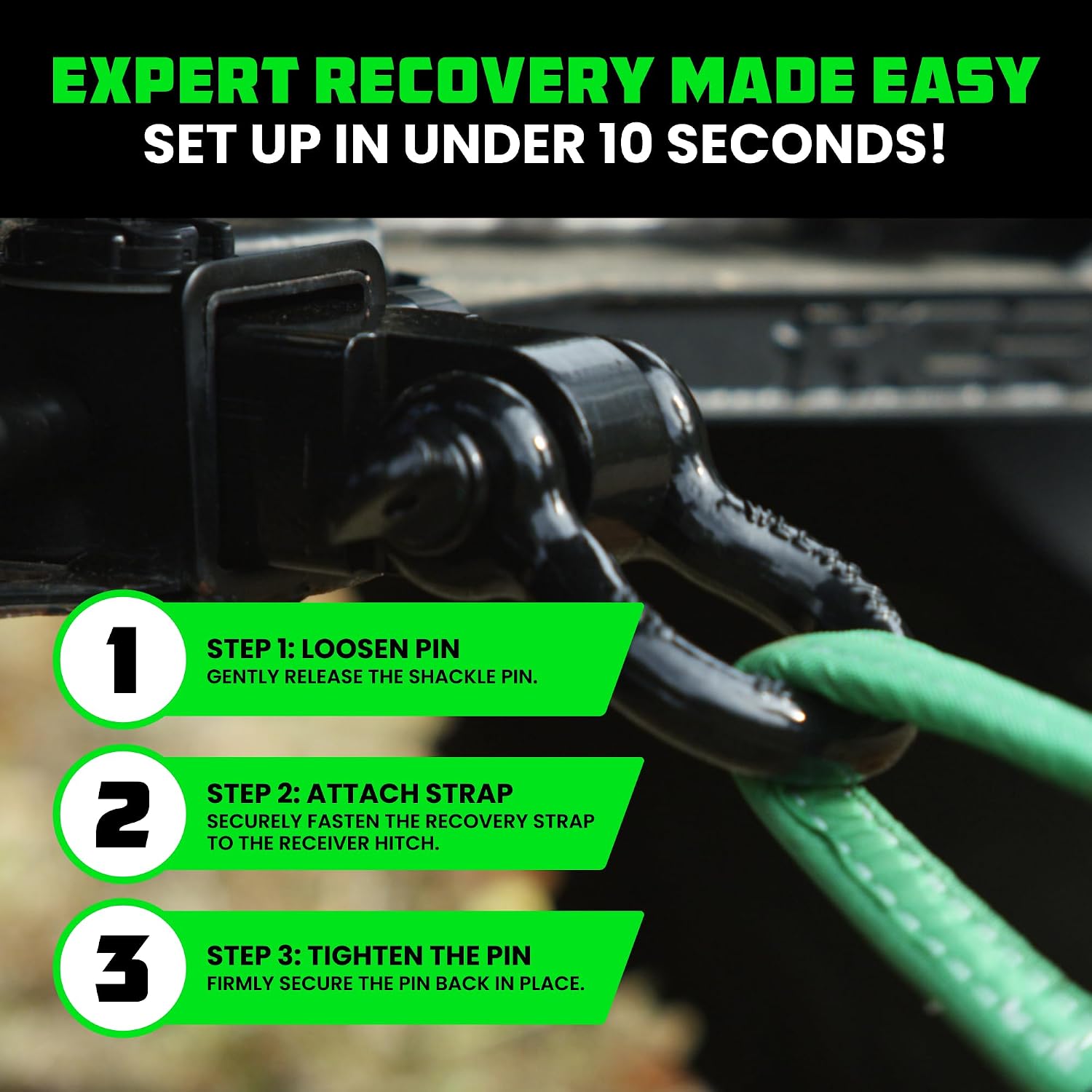 Rhino USA Shackle Hitch Receiver (Fits 2" Receivers) Best Towing Accessories for Trucks, Jeep, Toyota & More - Connect Your Rhino Tow Strap for Vehicle Recovery, Mounts to 2" Receiver Hitches