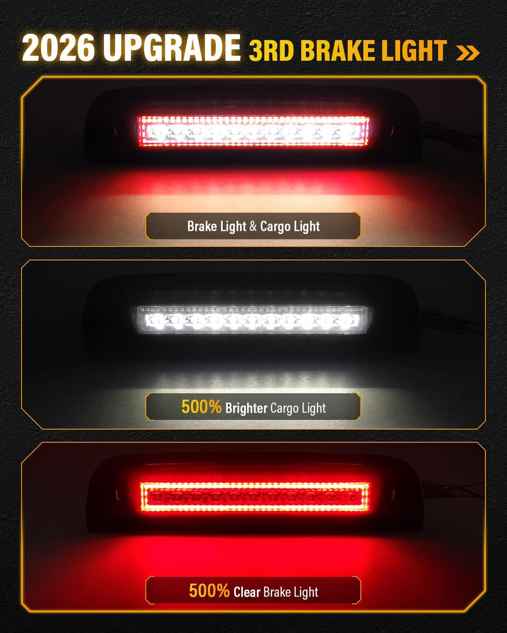 LESAUCE 2026 Upgraded 3rd Third Brake Light for 2014-2018 Chevy Silverado GMC Sierra 1500 2500 3500 HD Classic LED Cargo Light High Mount Stop light, Black Chrome Housing