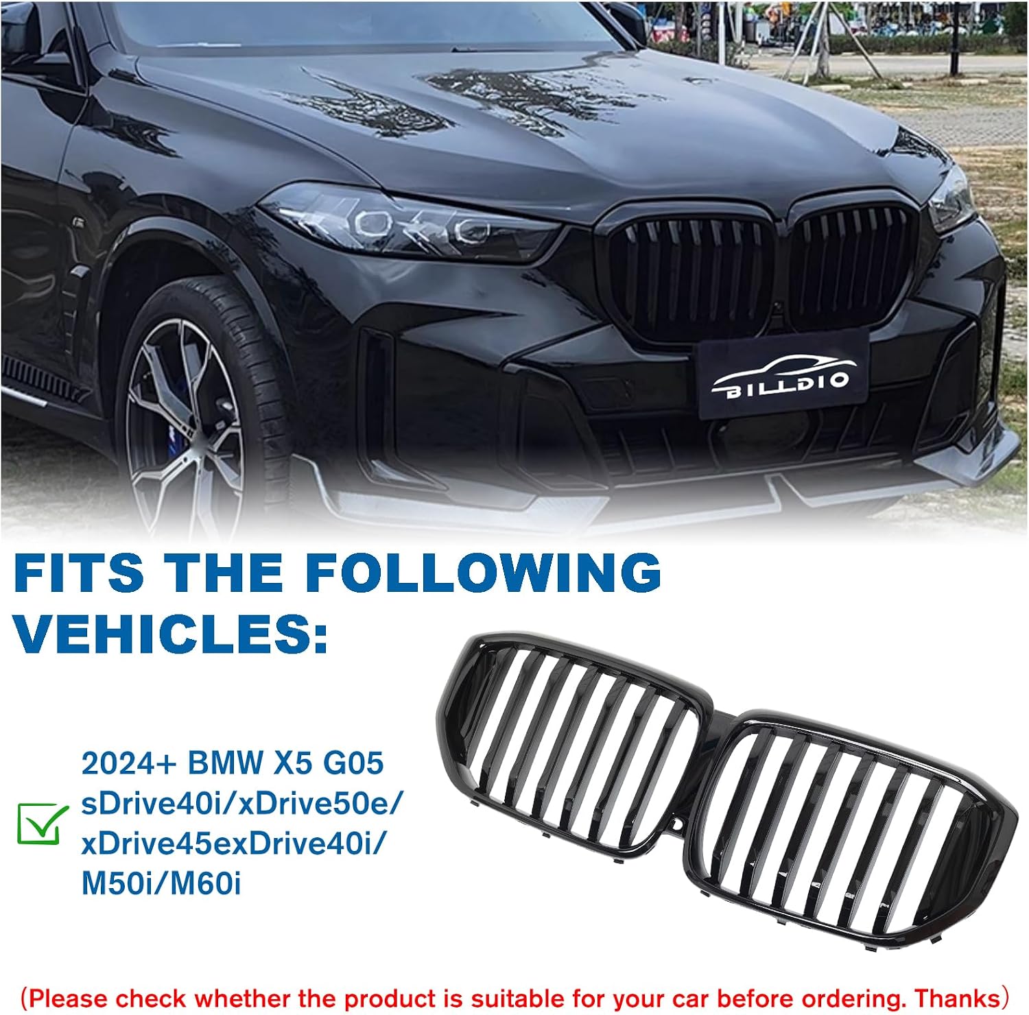 G05 Grill - Black Kidney Grille Compatible With 2024-IN BMW X5 G05 ABS Single Slat Gloss Black Grille