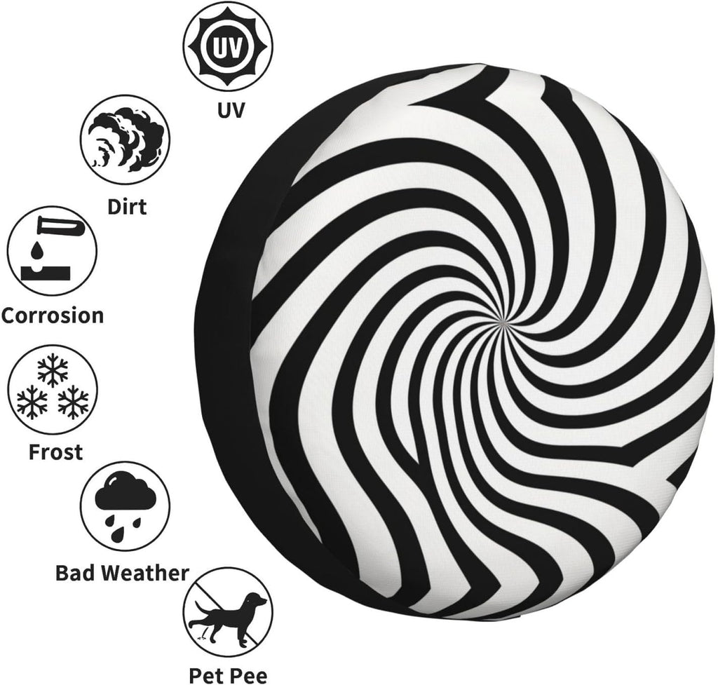 Black and White Dizzy Lines Print Universal Spare Tire Cover for RV, Jeep | Wheel Protector Fits Rv, Trailer, Jeep, Shield Tires From Sun, Dirt And Rain For Outdoor Storage