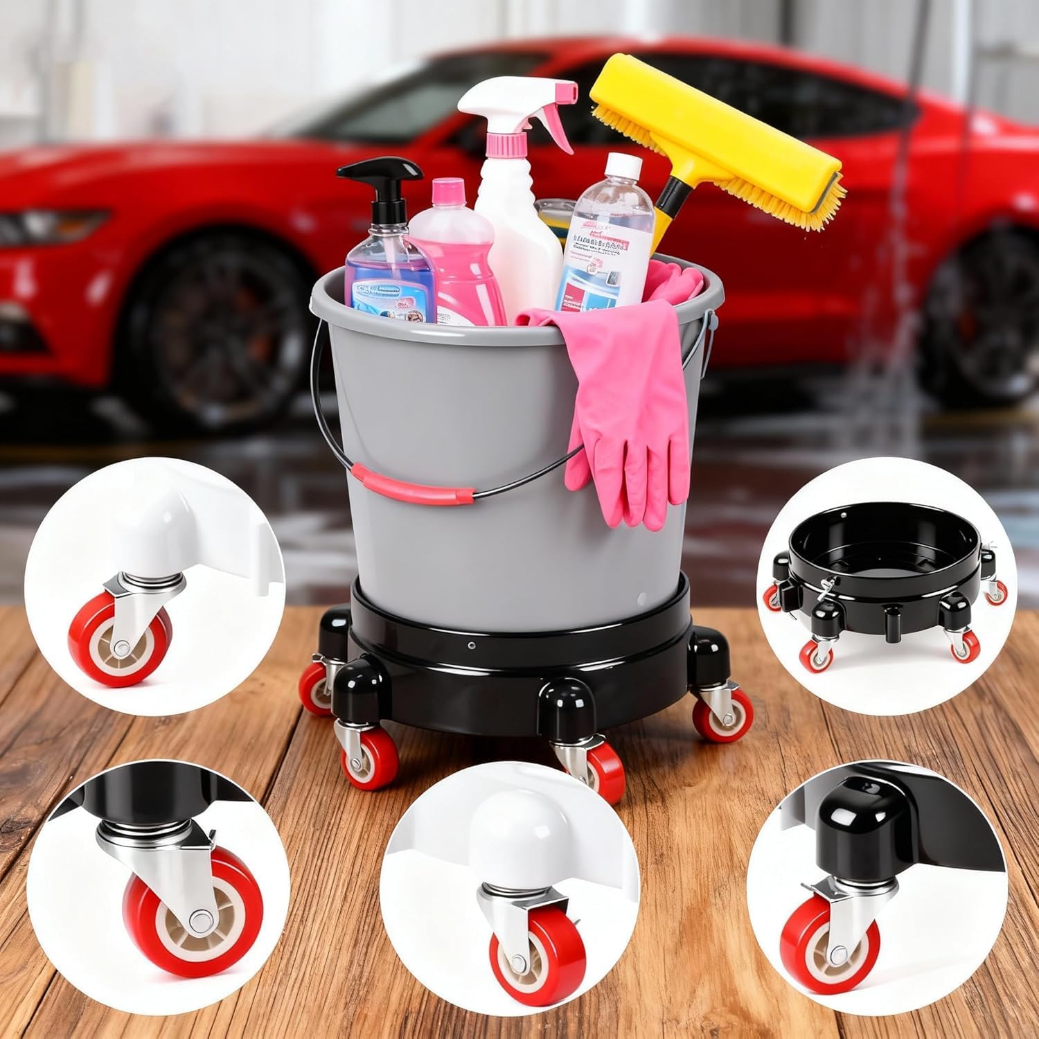 2 Pcs 5 Gallon Bucket Dolly, 11 Inch, Black Set | 1 Car Washing Glove, 5 Heavy Duty Wheel Casters, 360° Rolling, Connectable & Locking, For Car Wash, Garden & Garage