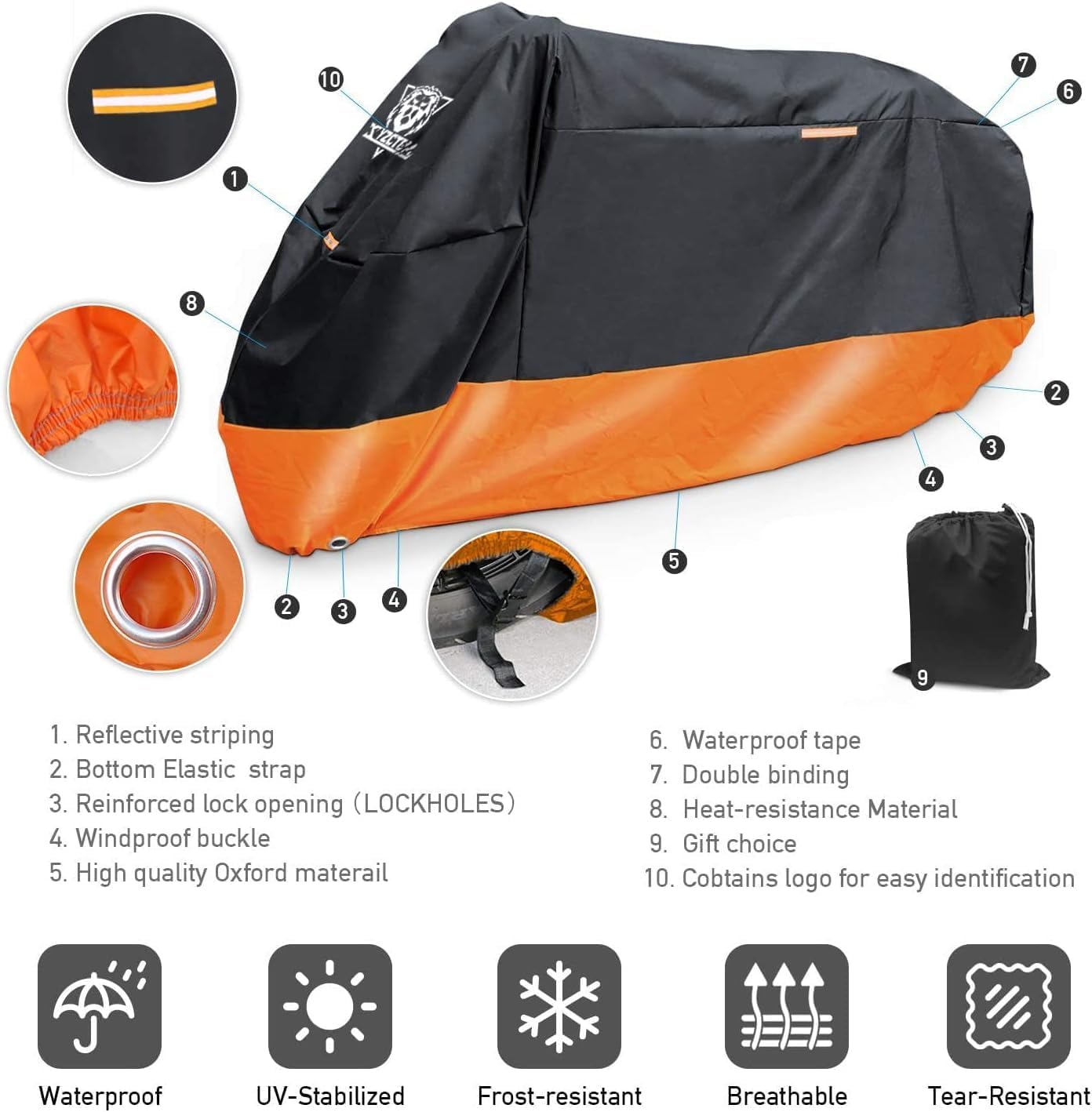 XYZCTEM Motorcycle Cover – All Season Waterproof Outdoor Protection – Fit up to 116 inch Tour Bikes, Choppers and Cruisers – Protect Against Dust, Debris, Rain and Weather(XXXL,Black& Orange)