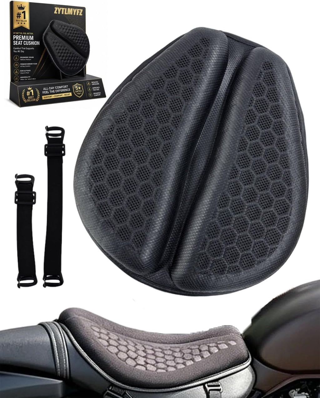 Motorcycle Seat Cushion Gel Pad Passenger Breathable Shock Absorption Waterproof 3D Honeycomb Rider Universal Long Rides Touring Comfort Anti Slip Pressure Relief Soft Durable Cover(Style A)