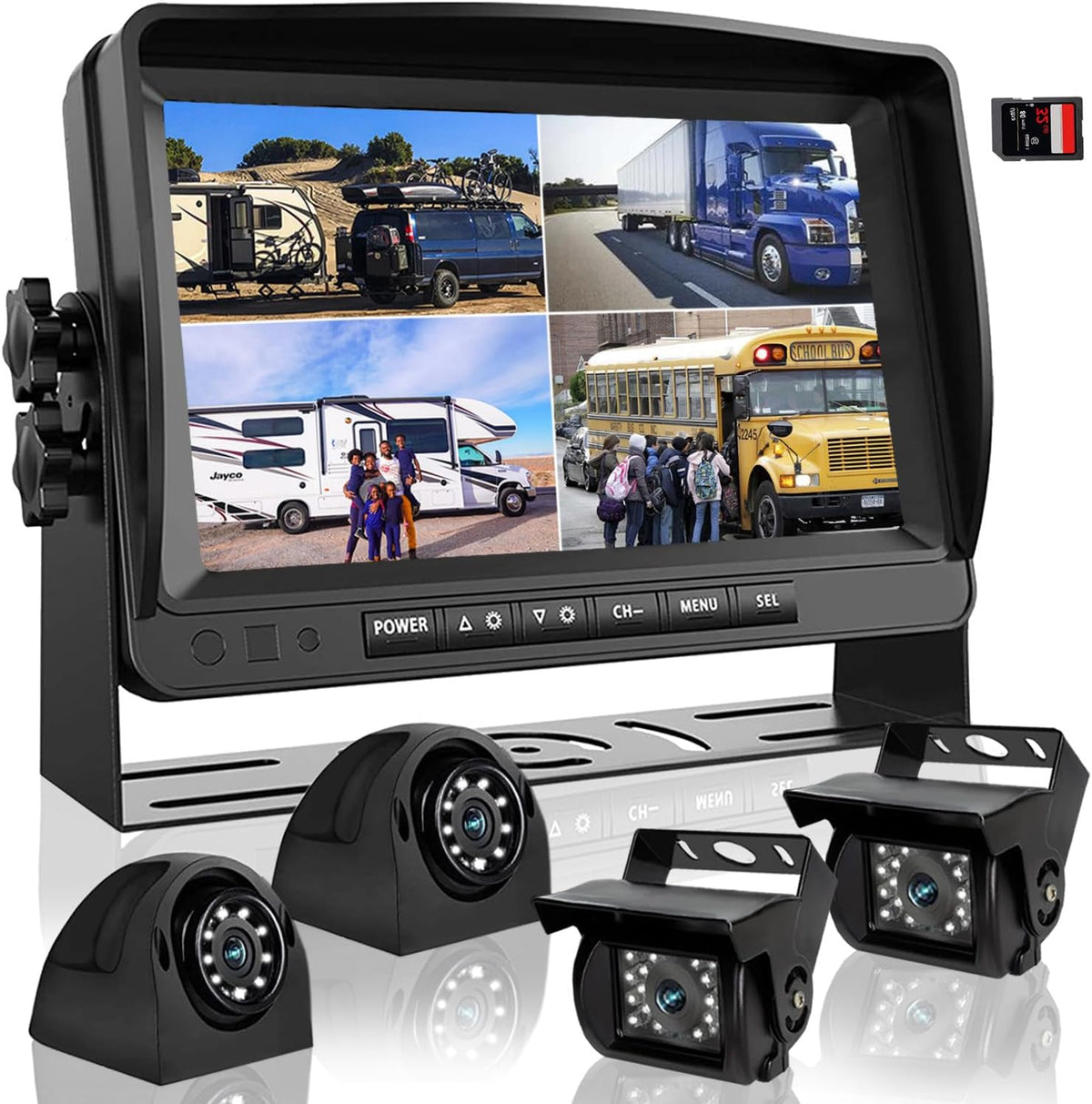 Backup Camera System with 9'' Quad Split 1080P Monitor