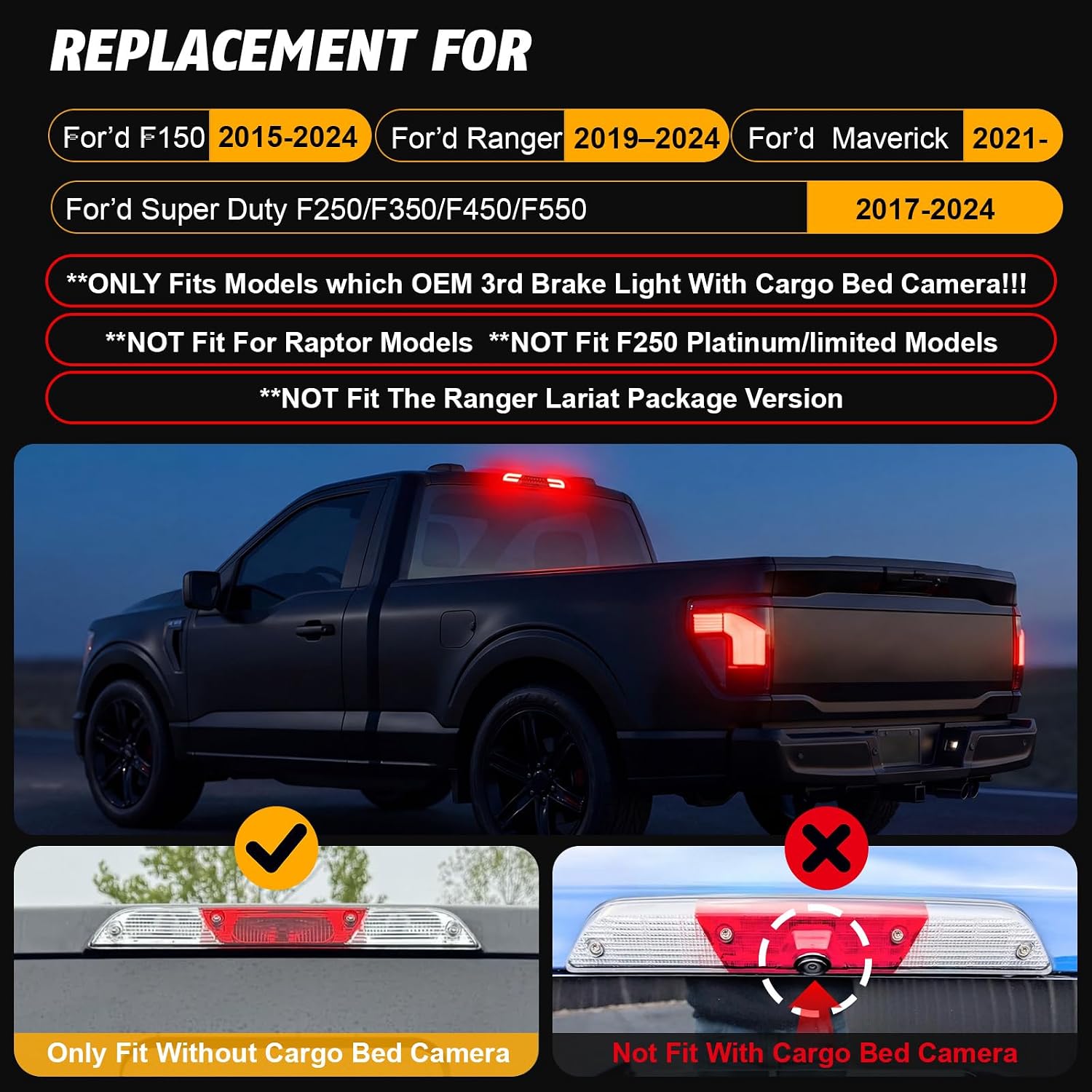 Upgrade High-Performance LED Third Brake Light for 2015-2024 F-150 2017-2024 F-250 F-350 F-450 Super Duty Ranger Maverick High Mount LED Stop Lamp with Clear Lens