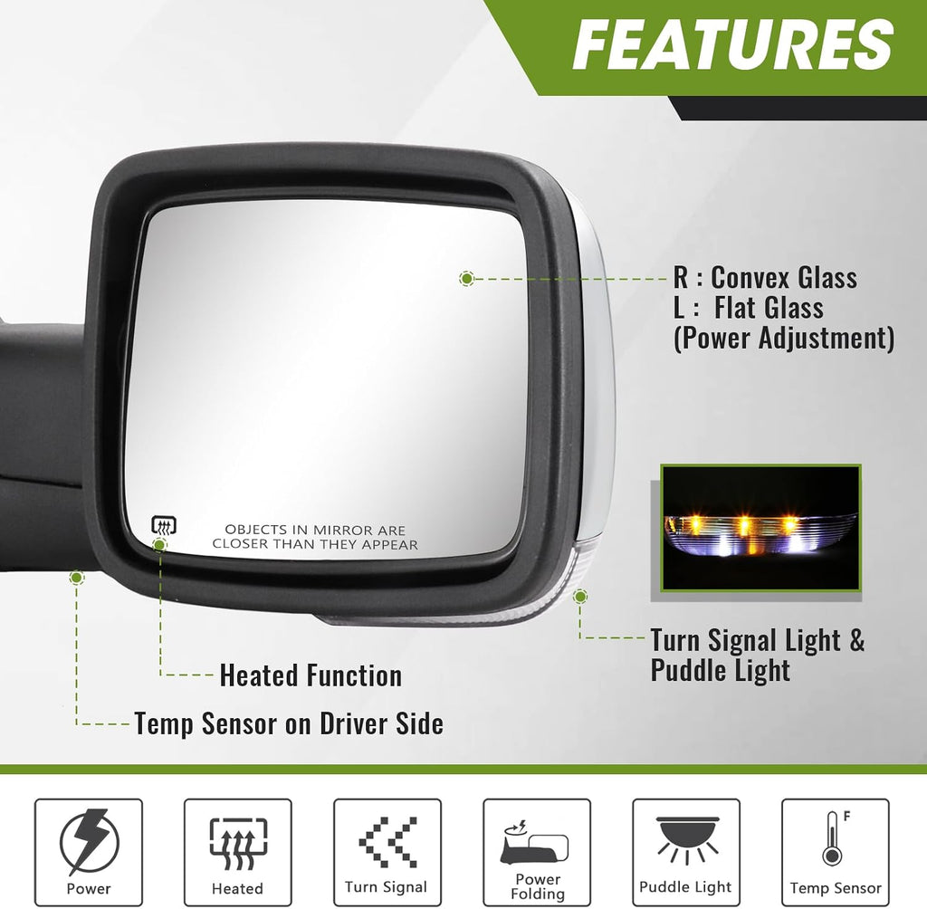 Chrome Power Folding Side Mirrors for Dodge Ram - Heated Tow Mirrors with Turn Signal & Puddle Light - Compatible with Ram 1500 (2009-2018), 2500/3500 (2010-2024), 1500 Classic (2019-2024)