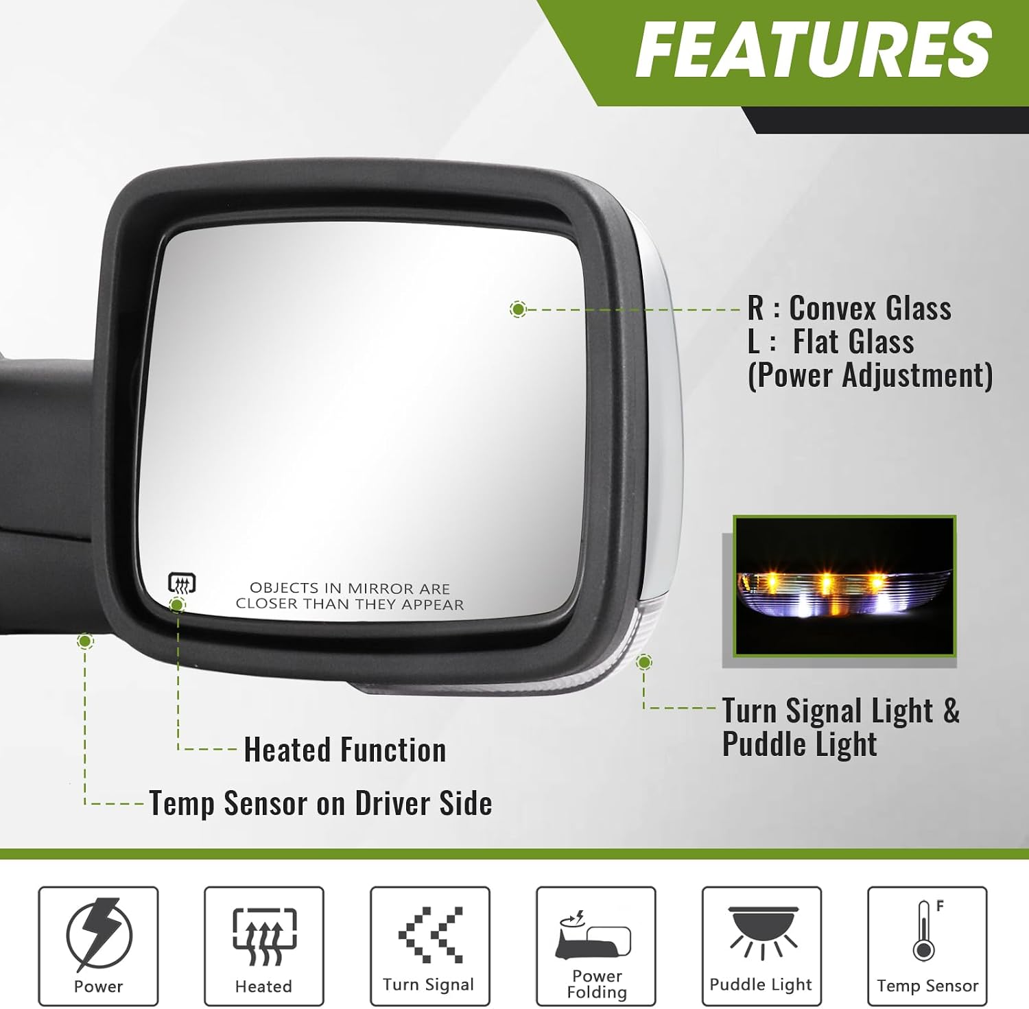 Chrome Power Folding Side Mirrors for Dodge Ram - Heated Tow Mirrors with Turn Signal & Puddle Light - Compatible with Ram 1500 (2009-2018), 2500/3500 (2010-2024), 1500 Classic (2019-2024)