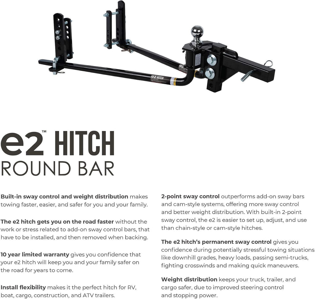 Fastway e2 2-Point Sway Control Round Bar Hitch, 94-00-0800, 8,000 Lbs Trailer Weight Rating, 800 Lbs Tongue Weight Rating, Weight Distribution Kit Includes Standard Hitch Shank, Ball NOT Included