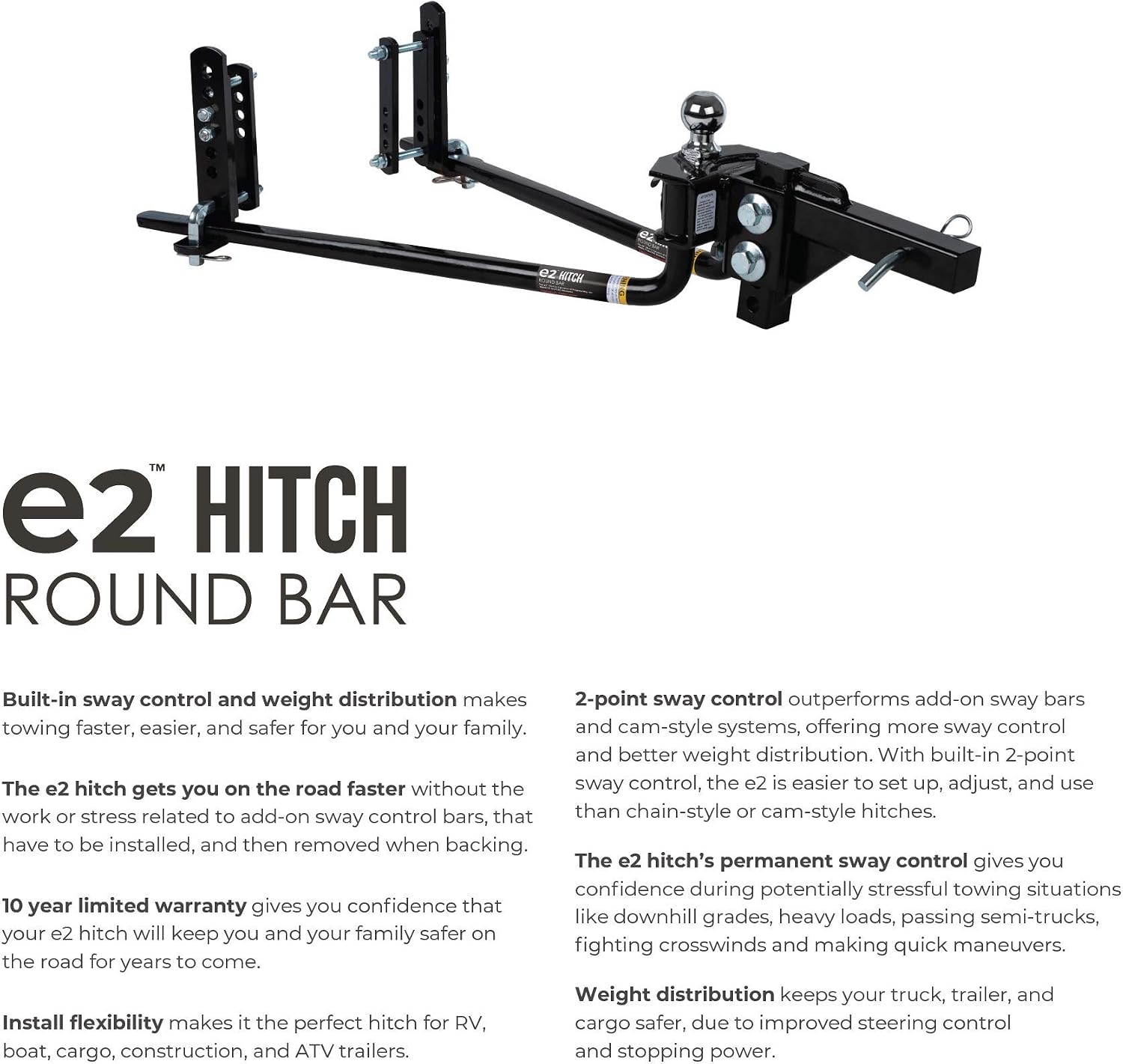 Fastway e2 2-Point Sway Control Round Bar Hitch, 94-00-0800, 8,000 Lbs Trailer Weight Rating, 800 Lbs Tongue Weight Rating, Weight Distribution Kit Includes Standard Hitch Shank, Ball NOT Included